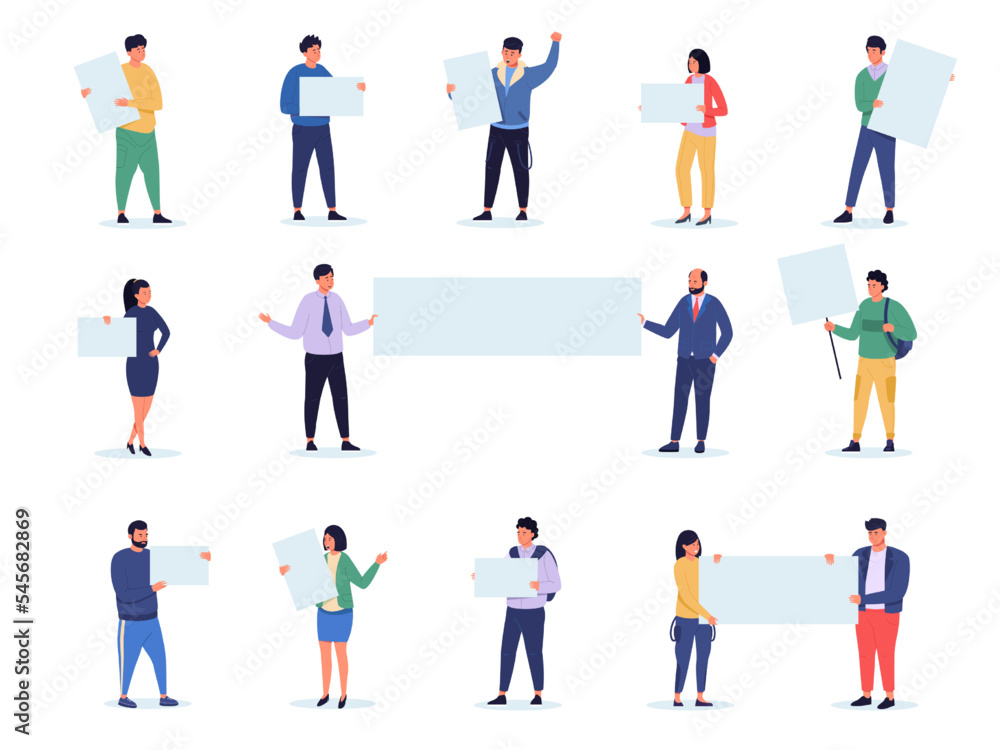 People with banners. Cartoon characters holding blank boards, activists with placards protest demonstration meeting concept. Vector collection