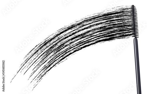 Mascara and black brush stroke, cosmetic object, beauty concept. Realistic 3d vector illustration, isolated on white background. Mascara fashion banner, template for advertising or magazine page.