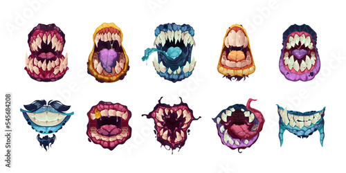 Scary mouth. Cartoon monster face emotions, creative alien characters funny emotional monstrous avatars open mouths. Vector isolated set