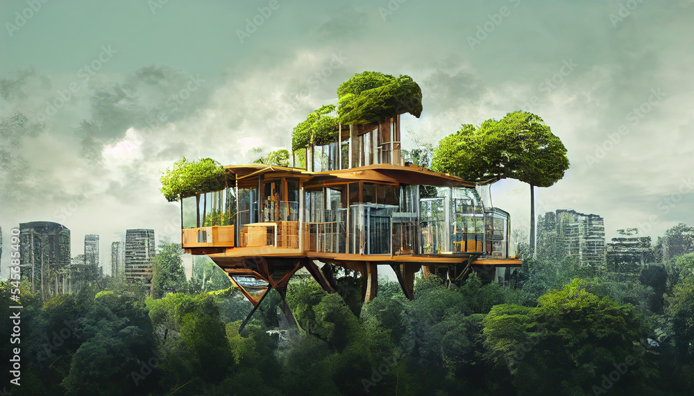 Spectacular concept art of environmental friendly modern treehouse with