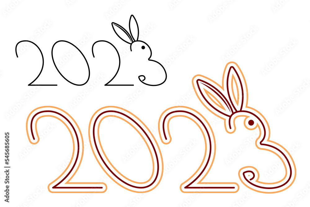 Obraz premium 2023 with bunny line art. New years illustration with rabbit. Year of rabbit illustration.