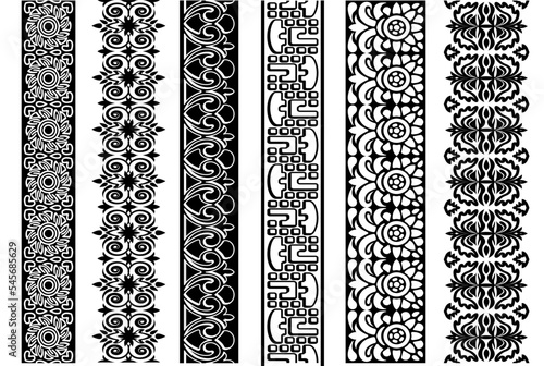 Black and white lace trim set. Collection of ornate floral borders. Seamless ornamental arabesque design elements. Seamless repeating patterns for your designs.