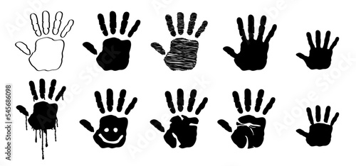 Cartoon drawing hand palm. Baby or kids paint hands or child handprint. Child hand prints. Vector silhouette, smile and face. Human fingers and palm icon. Grown up and children icon