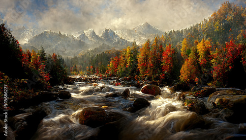 Foto Spectacular autumnal forest panorama with a mountain range in the distance, bright orange leaves on the forest floor, and a rushing creek bordered by woods
