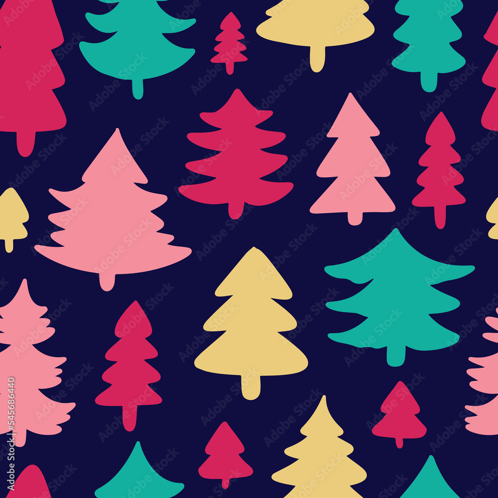Seamless pattern background with different Christmas tree silhouettes. Winter holidays Christmas, New Year bright colorful background design Seamless pattern background with different Christmas tree silhouettes. Winter holidays Christmas, New Year bright colorful background design