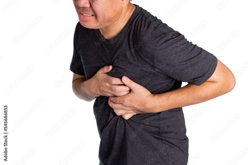 The hand holding the chest has a heart attack, heart disease, and coronary artery disease. and heart failure isolated on a white background The hand holding the chest has a heart attack, heart disease, and coronary artery disease. and heart failure isolated on a white background