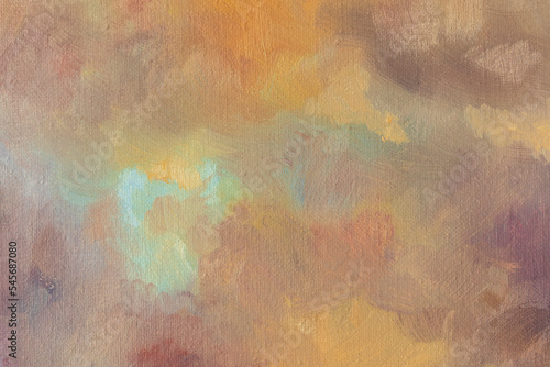 Abstract oil, warm tones hand painted texture background. Brush and palette knife strokes. Sunset sky clouds.