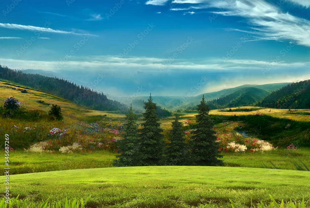 nature landscape  flowers  and mountain on blue sky rainbow wild field and pine trees 