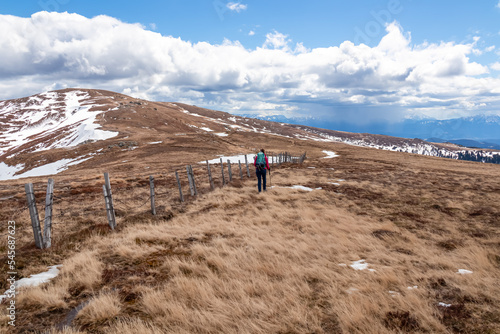 Rear view of woman with hiking backpack on alpine meadow walking along fence from Ladinger Spitz to Gertrusk, Saualpe, Lavanttal Alps, Carinthia, Austria, Europe. Trekking on cloudy early spring day photo