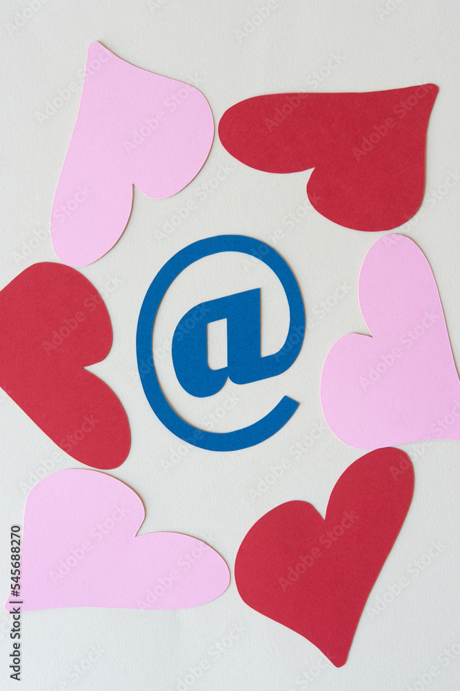 at sign with pink and red hearts at sign with pink and red hearts