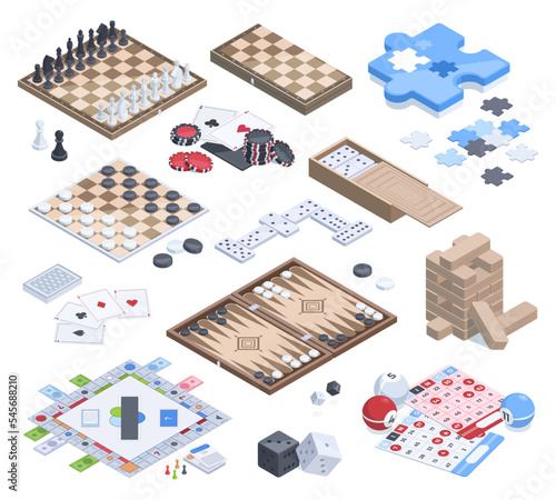 Isometric board games, leisure time game. Lotto bingo, chess, domino and cards table gaming 3d vector illustration collection. Leisure board game activities