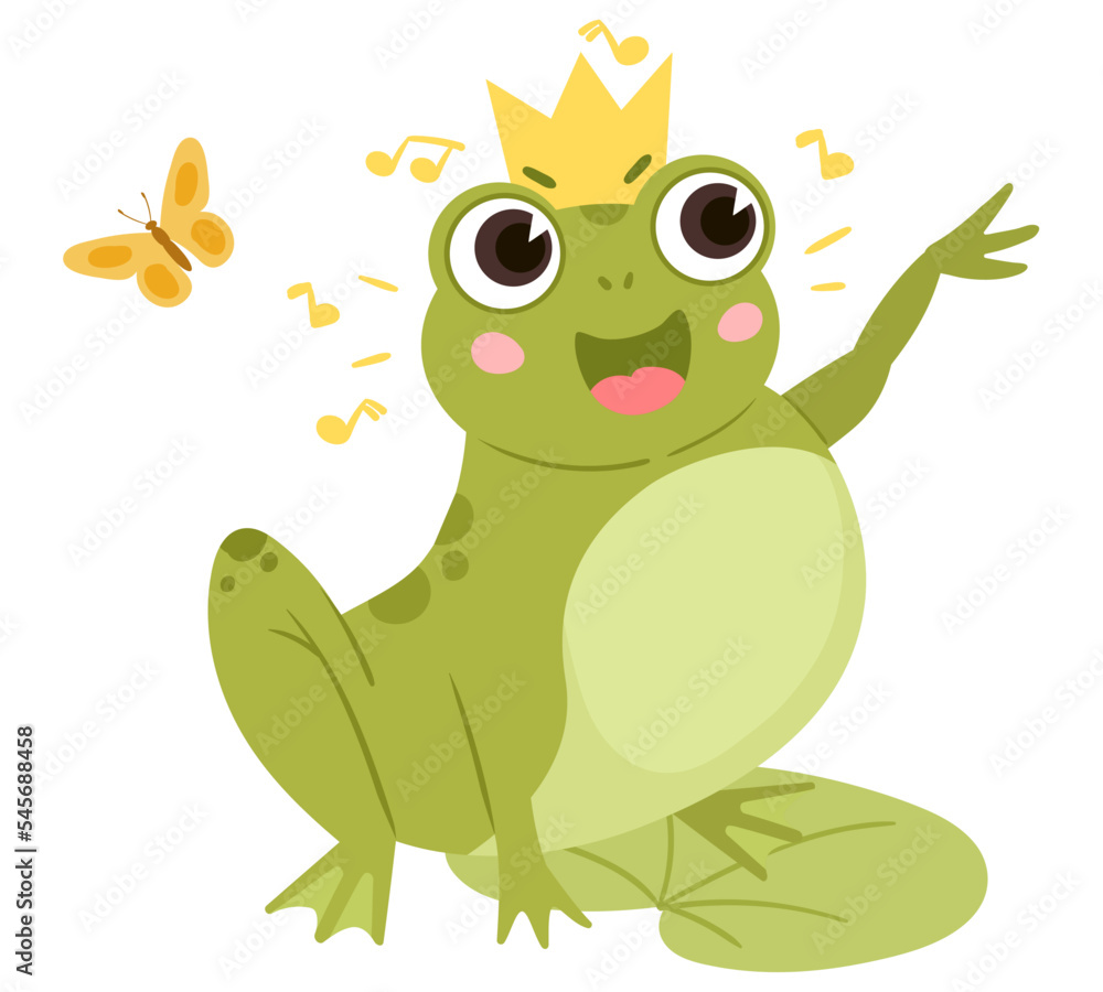 Cartoon green frog in crown sitting in pond. Cute amphibia in natural habitat, froggy animal in pond with water lilies isolated flat vector illustration on white background Cartoon green frog in crown sitting in pond. Cute amphibia in natural habitat, froggy animal in pond with water lilies isolated flat vector illustration on white background