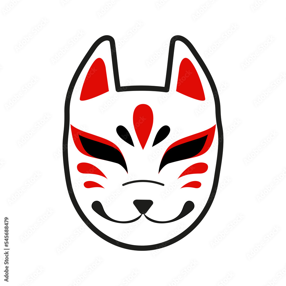 Traditional japanese kitsune mask vector icon illustration isolated on  white background. Flat cute cartoon style kitsune mask. Sticker vector art  kitsune fox mask. Kitsune in simple minimal style Stock Vector