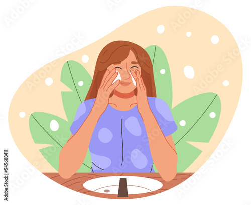 Beautiful lady use facial cleanser, woman skin care routine. Girl applying face scrub or liquid soap, cleansing skin care routine stage flat vector illustration on white background