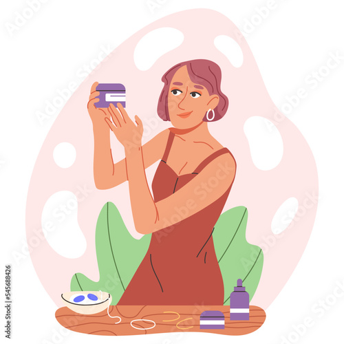 Beauty skincare facial routine, woman care of her skin. Cosmetic products, creme or night mask using cartoon flat isolated flat vector illustration on white background
