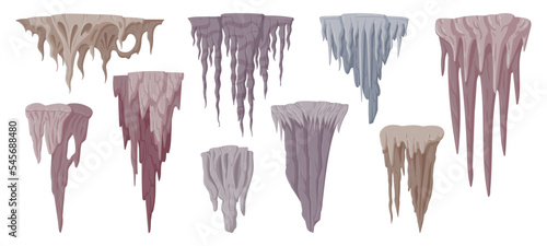 Cartoon growth limestone stalactite formations. Stalactite stones, underground stalactite limestone icicles, natural cave rocks isolated flat vector illustration on white background