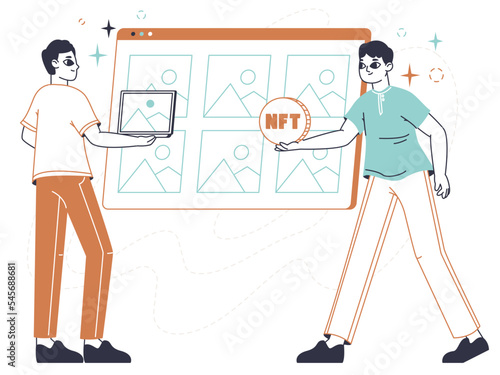 Crypto art, non fungible token concept. Digital artist creating, selling and buying, blockchain non fungible token, exclusive nft masterpieces flat vector illustration on white background