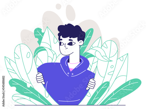 Curious spying man, peeping and searching guy. Young man secretly looking out from bushes, searching observing people isolated flat vector illustration on white background