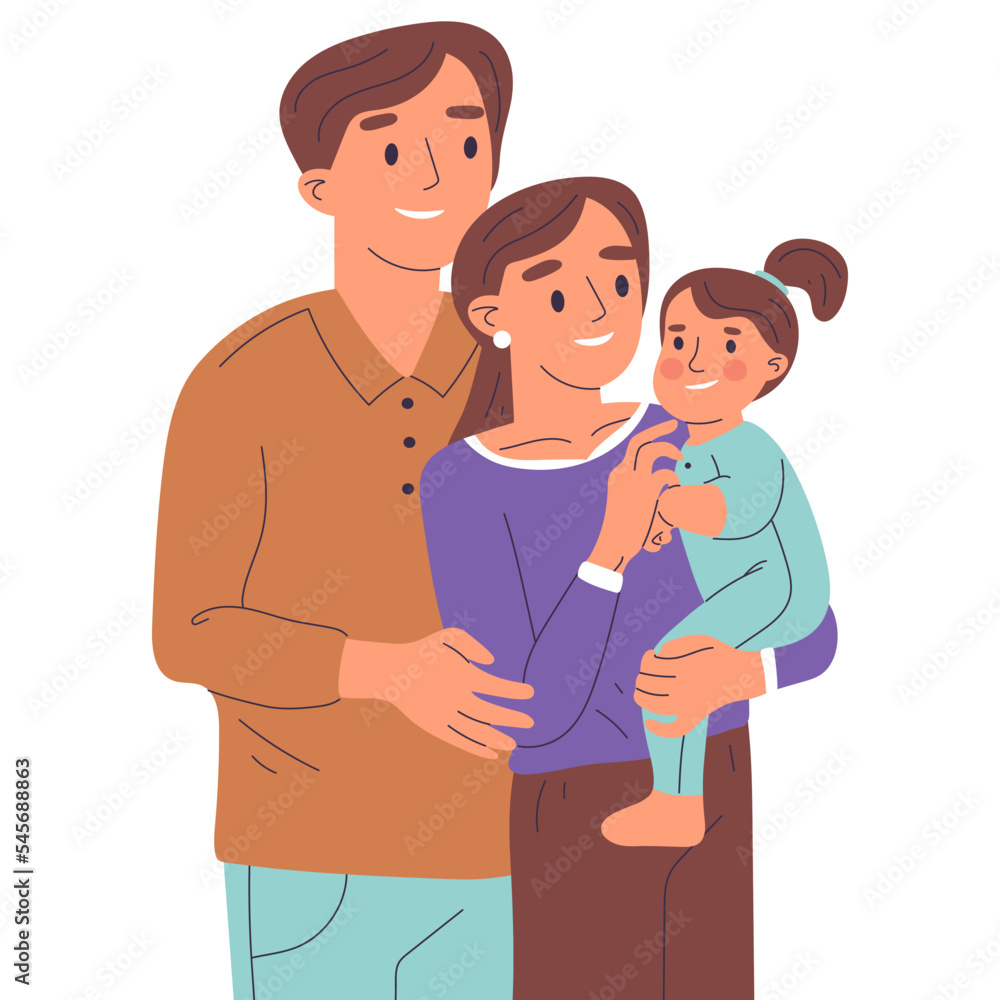 Happy young family, mom and dad carrying baby. Mother and father with toddler isolated flat cartoon vector illustration on white background Happy young family, mom and dad carrying baby. Mother and father with toddler isolated flat cartoon vector illustration on white background