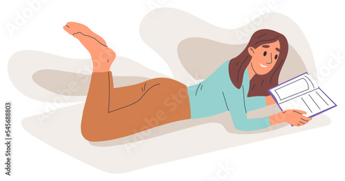 Flat reading girl, literature lover with book in hands. Female character reading book in comfy position isolated flat vector illustration on white background