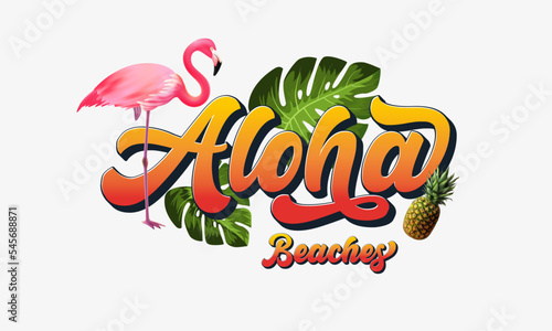 Aloha text, emblem and logo isolated on white. Hand drawn Aloha Hawaiian word for hawaii shirt print or sign. Lettering for tropical or summer party invitation, flyer and poster design.