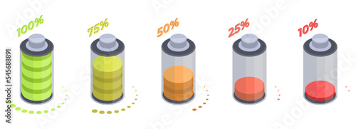 Isometric 3D battery charging stages. Accumulator charging process with colorful indicators 3d isolated flat vector illustration on white background