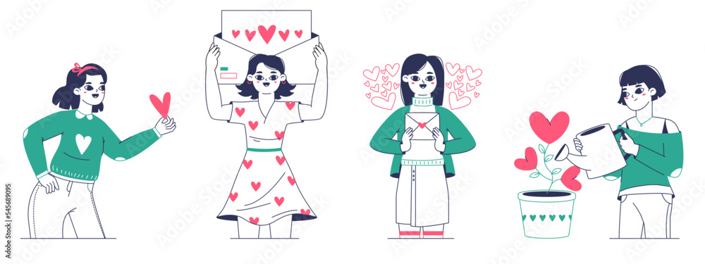 Romantic girls in love sharing and giving hearts. Woman sharing love, valentines day love messages isolated flat vector illustrations on white background Romantic girls in love sharing and giving hearts. Woman sharing love, valentines day love messages isolated flat vector illustrations on white background