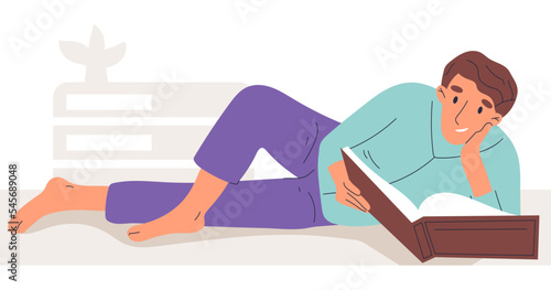 Reading man, literature lover with book in hands. Male character reading book in comfy position isolated flat vector illustration on white background