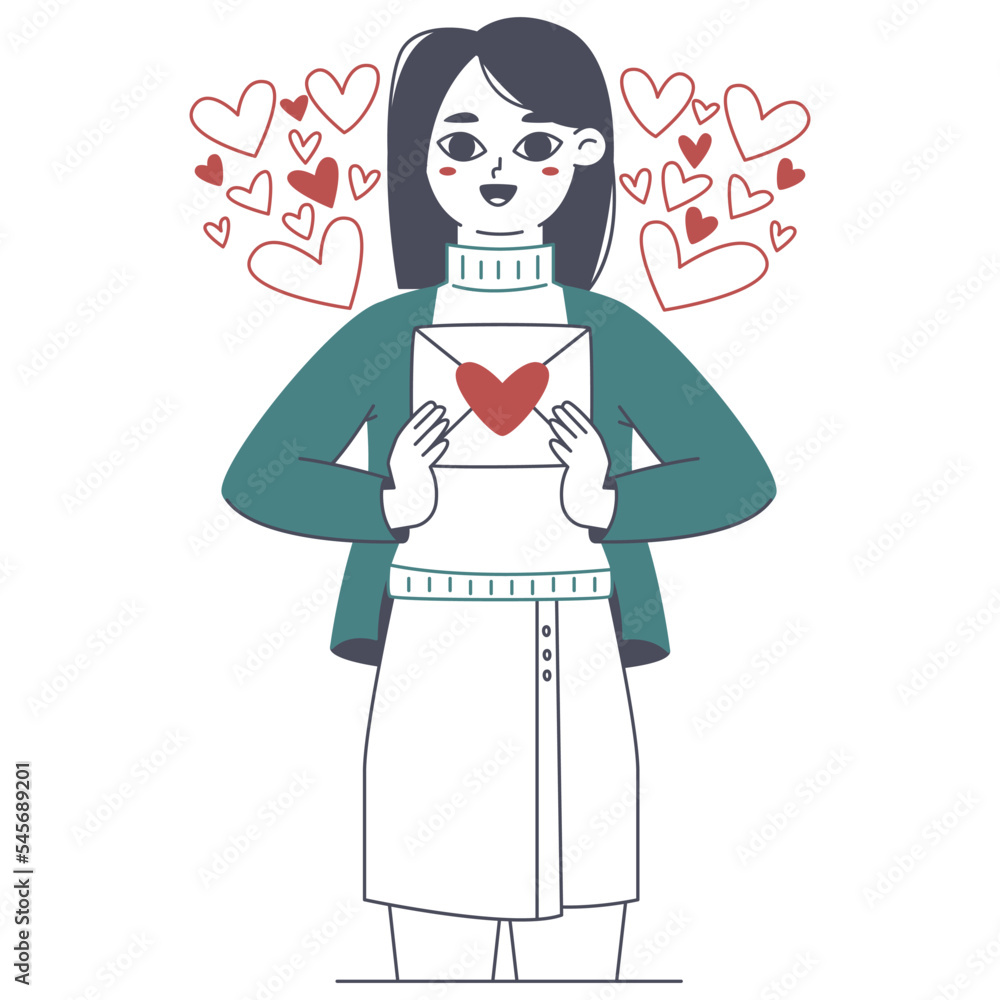 Woman sending love message, happy cheerful girl. Romantic person with Valentines day envelope isolated flat vector illustration on white background. Love, valentines day scene