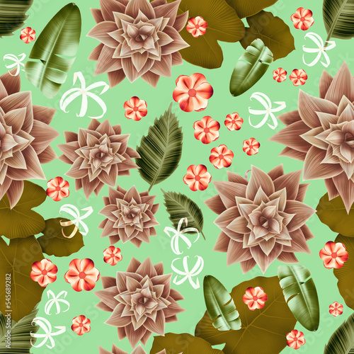 Colourful Seamless Pattern with tropic flowers and leaves. Hi quality fashion design. Fresh and unique botanical background (ID: 545689282)