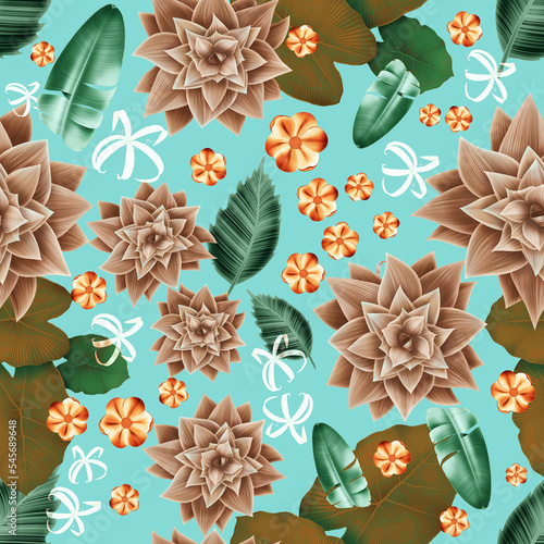 Colourful Seamless Pattern with tropic flowers and leaves. Hi quality fashion design. Fresh and unique botanical background (ID: 545689648)