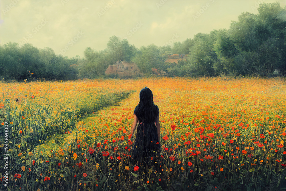 Fototapeta premium silhouette of girl in flower field. Modern digital illustration.