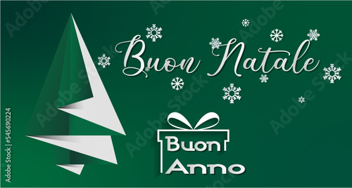 biglietto o striscione per augurare un Buon Natale e un Felice Anno Nuovo in bianco su sfondo verde con un regalo di fiocchi di neve e un abete verde e bianco photo