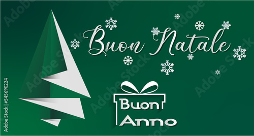 biglietto o striscione per augurare un Buon Natale e un Felice Anno Nuovo in bianco su sfondo verde con un regalo di fiocchi di neve e un abete verde e bianco
