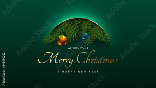 Christmas green premium abstract background with volume arc line, pine branches, Christmas balls. Luxury vector design holiday poster, greeting card, banner. Golden wish you a Merry Christmas text