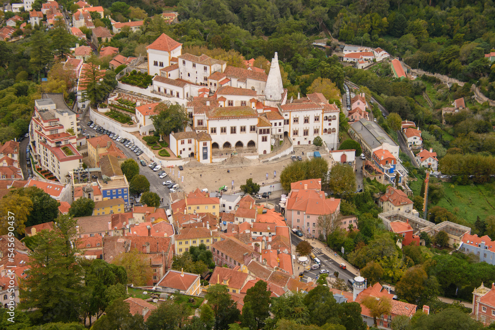 Obraz premium View of part of the town of Sintra and the National Palace in Portugal from the Moorish fortress which overlooks the town.
