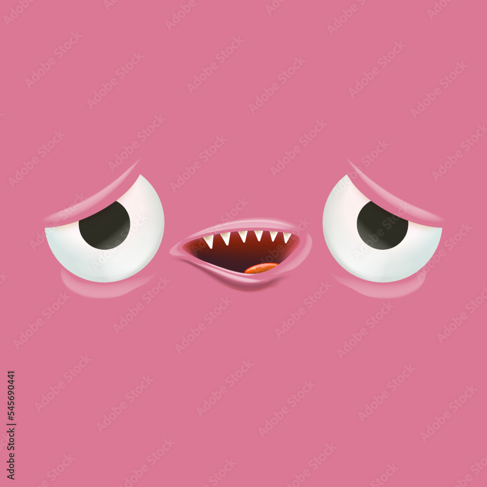 Vector funny pink monster face with open mouth with fangs and eyes isolated on pink background. Halloween cute and funky monster design template for poster, banner and tee print Vector funny pink monster face with open mouth with fangs and eyes isolated on pink background. Halloween cute and funky monster design template for poster, banner and tee print