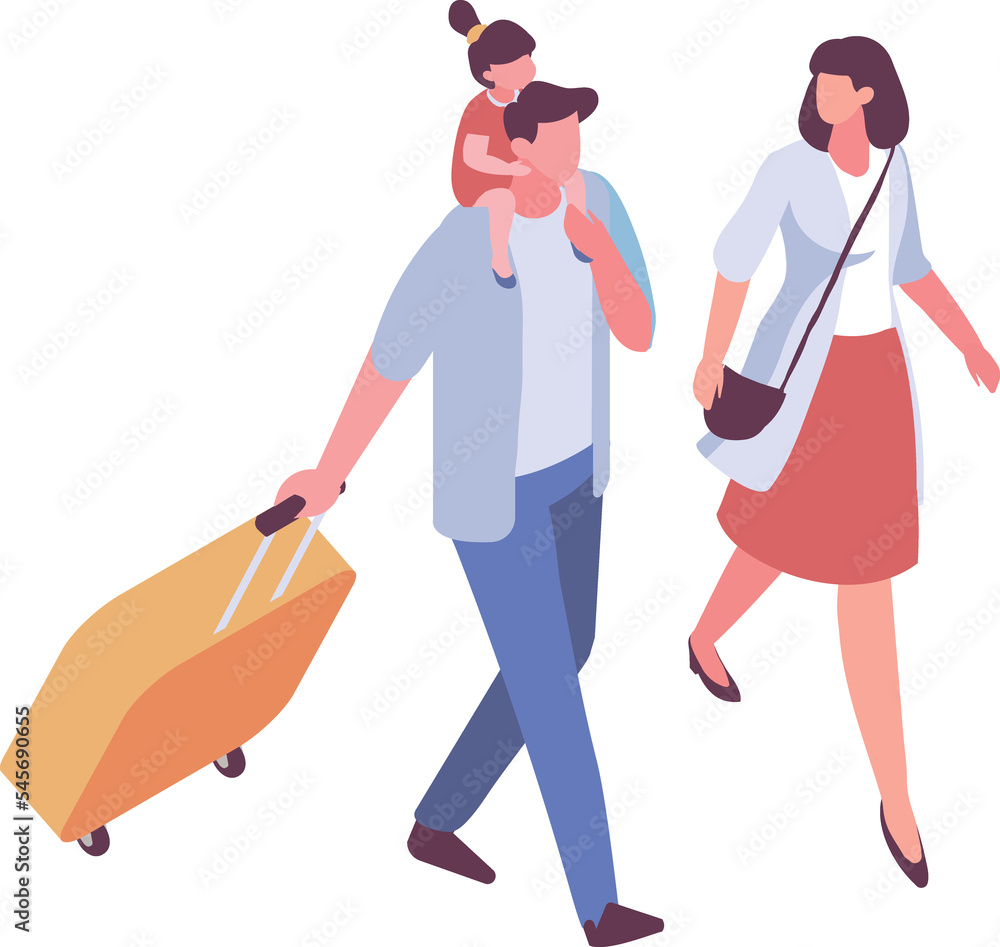 Isometric man and woman with luggage in airport. Happy meeting.Trip, airport. Isometric man and woman with luggage in airport. Happy meeting.Trip, airport.