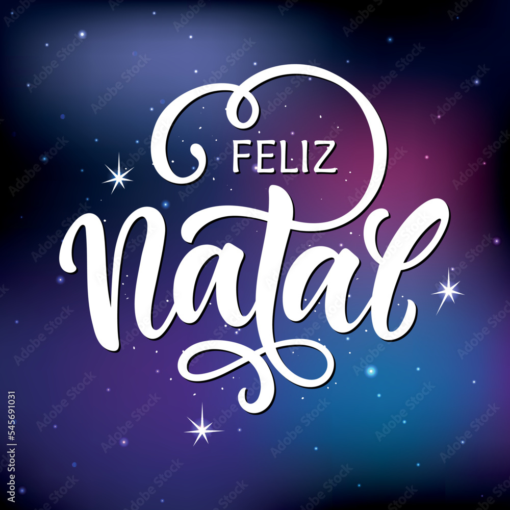Feliz Natal text meaning Merry Christmas in Portuguese, hand drawn lettering typography. Modern brush calligraphy on abstract blue sky background. Design for poster, greeting card. Vector illustration