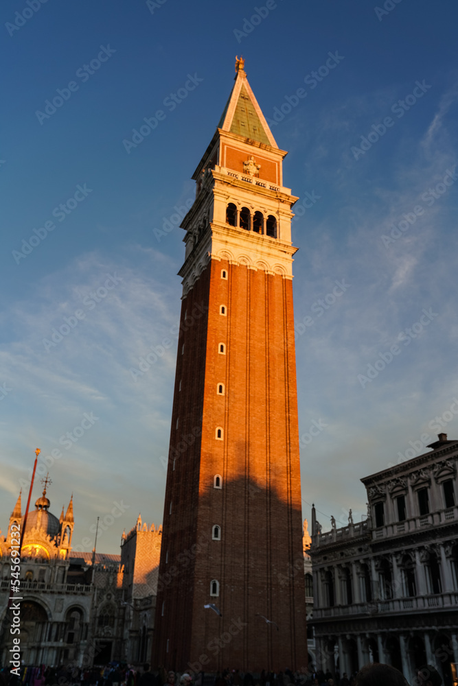 Architectural detail of the bell tower in Piazza San Marco in Venice, Italy