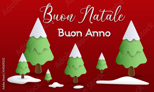 biglietto o striscione per augurare un buon natale e un felice anno nuovo in bianco su sfondo rosso con abeti innevati e neve per terra