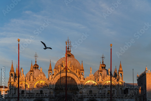 Architectural detail of the basilica of Saint Mark in Venice, Italy at sunset