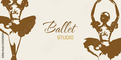 Silhouette ballerina in gold ballet tutu and pointe on white background. Dancer in beautiful pose. Ballet. Concept poster design template.