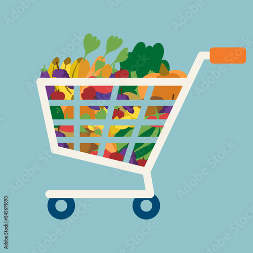 Ilustração vetorial flat de um carrinho de supermercado cheio de frutas, legumes e verduras.