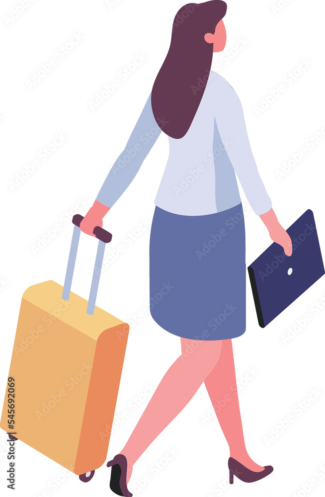 Isometric woman with luggage in airport. Trip, airport. 