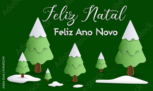 cartão ou banner para desejar um feliz natal e um feliz ano novo em branco sobre um fundo verde com pinheiros nevados e neve no chão