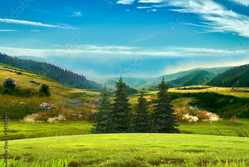 flowers and mountain on blue cloudy sky wild field trees and grass beautiful nature landscape