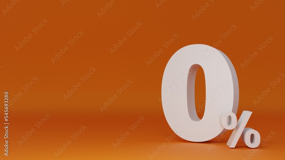3D rendering. White zero percent or 0% special offer on orange background. 3D rendering. White zero percent or 0% special offer on orange background.