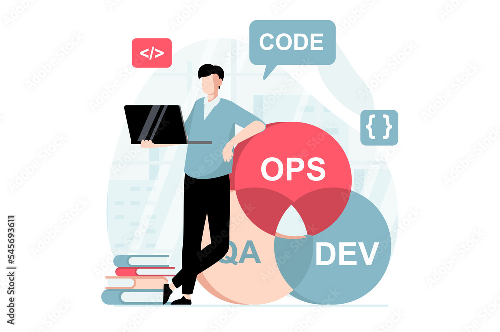 DevOps concept with people scene in flat design. Man programmer coding, creating software and working at laptop, optimizing workflow in company. Illustration with character situation for web DevOps concept with people scene in flat design. Man programmer coding, creating software and working at laptop, optimizing workflow in company. Illustration with character situation for web