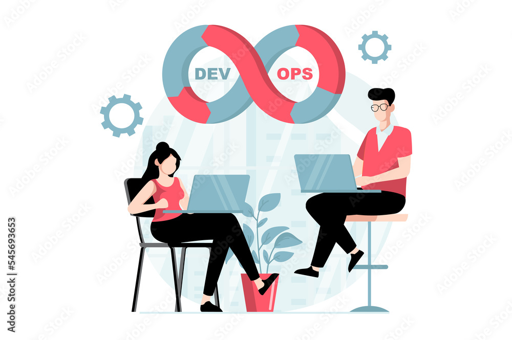 DevOps concept with people scene in flat design. Man and woman programmers coding and creating software, engineering and optimizing workflow. Illustration with character situation for web